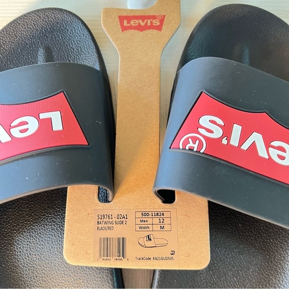 LEVIS Mens Batwing Slide 2 Black & Red Synthetic Upper Slippers Logo Size: 11,12 - Picture 2 of 15